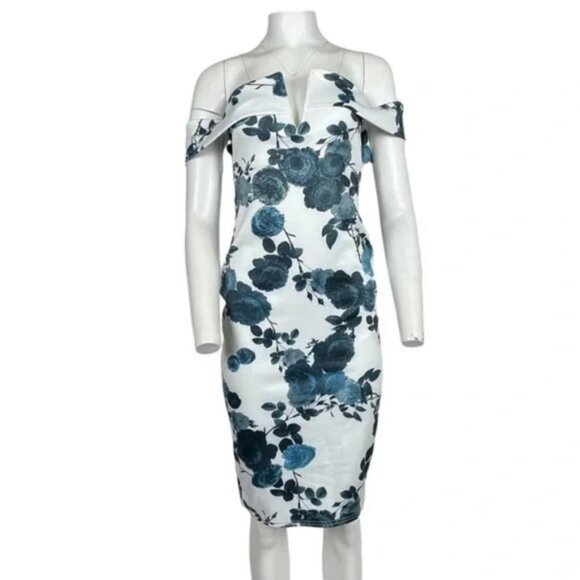Floral Bodycon Midi Dress White/Blue - Picture 1 of 3